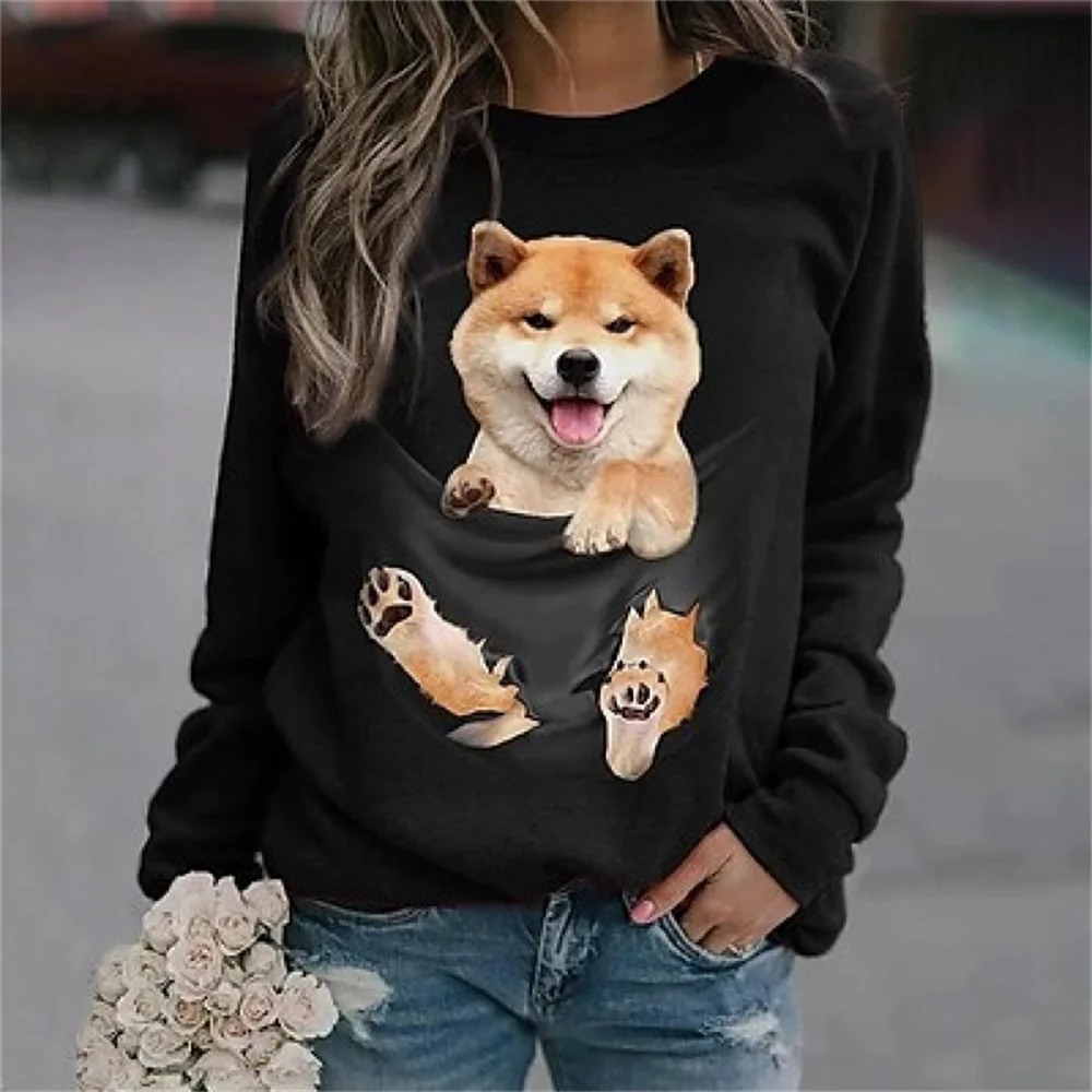 

2023 New Women's Top 3d T-shirt Black And White Dog Animal Casual Style Large Size Long Sleeve Garment Ootd Women Clothing