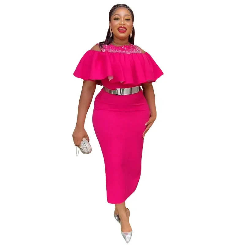 

2023 Black Blue Green Polyester African Dresses for Women Autumn African Short Sleeve Polyester Long Party Dress African Clothes