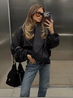 Blouson Bomber Noir Oversize pour Femme, Manches Bouffantes, Haut Drapé Croisé, Coupe Courte, Vêtement d'extérieur Décontracté, Collection Printemps Femme 2