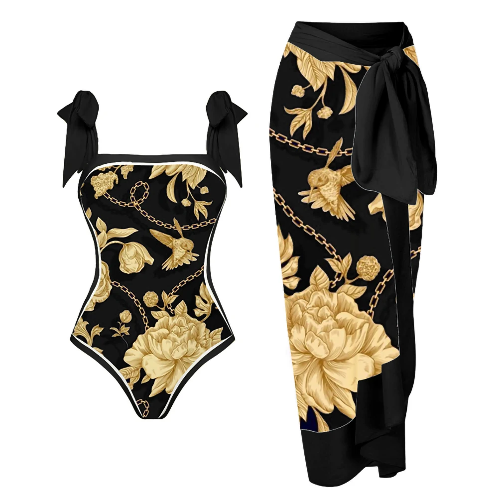 

Gold Chain Luxury Flower Print Swimsuit High Waist Women 2023 Suspender One Piece Bikini Pushups Cover Up Sexy Halter Beachwear