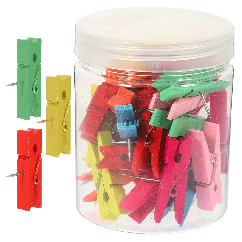 50 Pcs Wooden Clips Stainless Steel Push Pins Craft Paper Thumbtacks Office Binding Supplies Bulletin Board Pins Classroom Decor