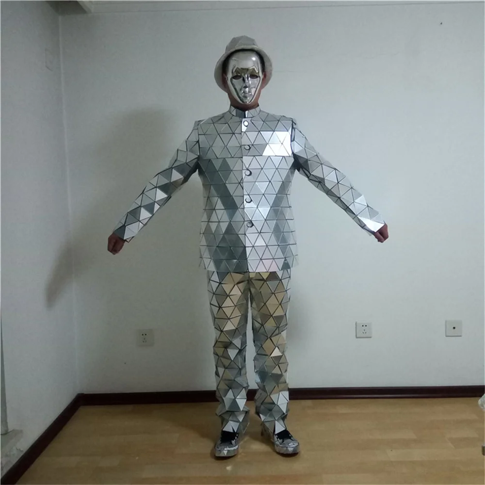 

Cool New Design Mirror Man Costumes Jacket Hat Robot DJ Night Club Performance Suits Piece Shoes Mirrorman Stage Dance Show Prop