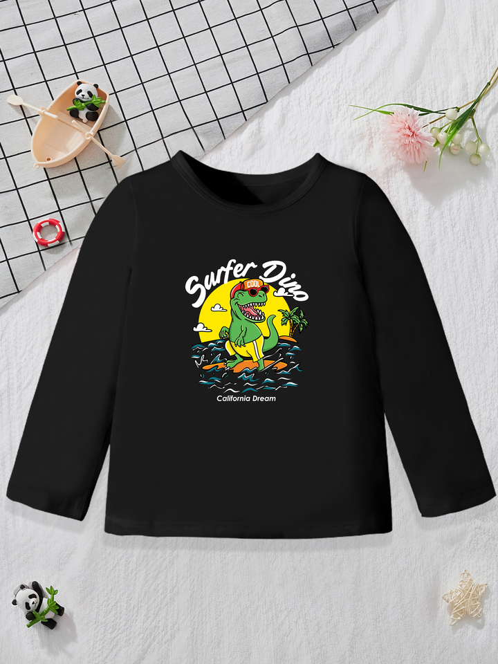 1 pieces: Boys Autumn Casual Base Layer Cartoon Dinosaur Surfing Pattern