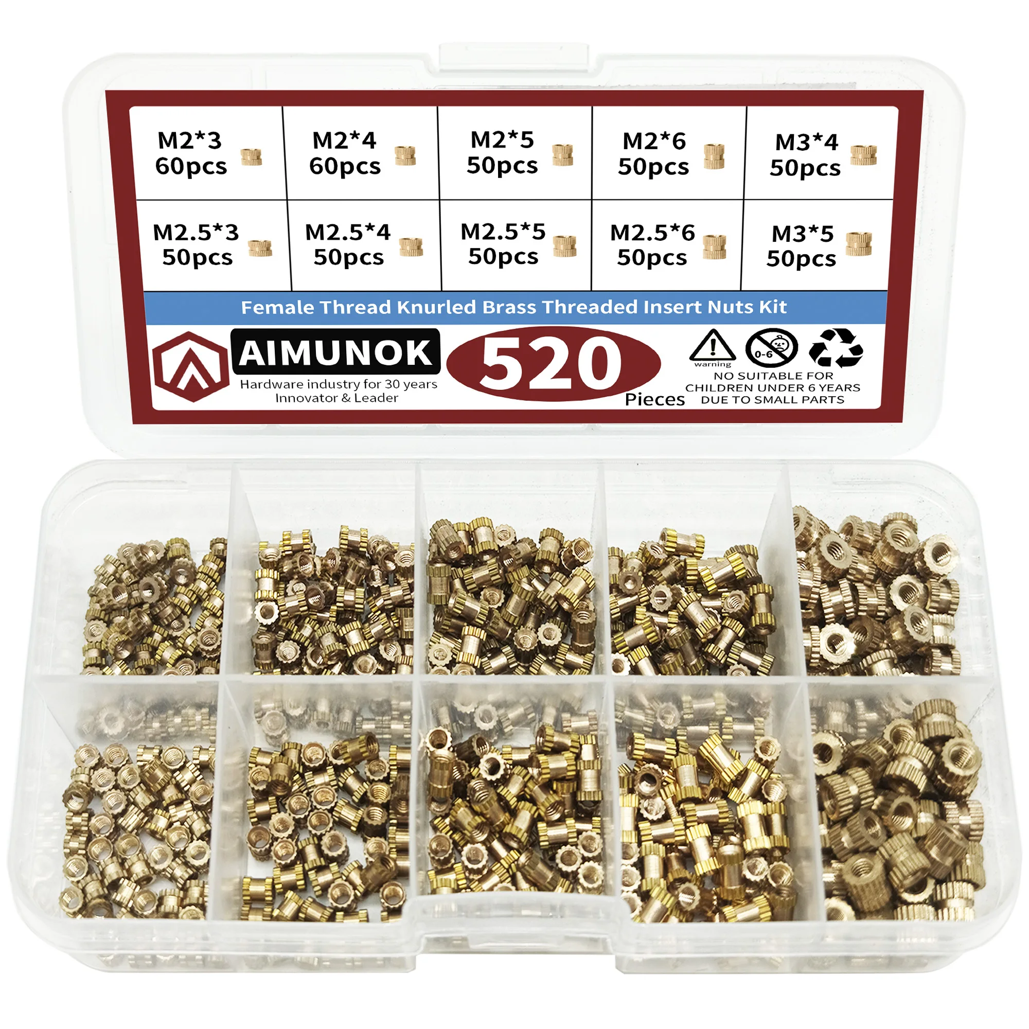 Threaded Insert Nut 520pcs M2 M2.5 M3 Metric Female Thread Knurled Brass Double Pass Knurl Nuts Copper Assortment Kit