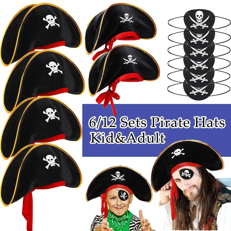 

12/6 Sets Pirate Birthday Party Favors for Kids Birthday Pirate Hats Eye Patches Pirate Costume Decoration Caribbean Dress
