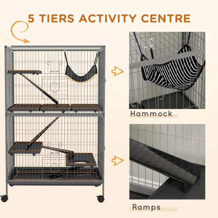 50" 5-Tier Small Animal Cage Multi-Door Heavy-Duty Steel Wire Pet Habitat Removable Tray Hammock Accessory Gray