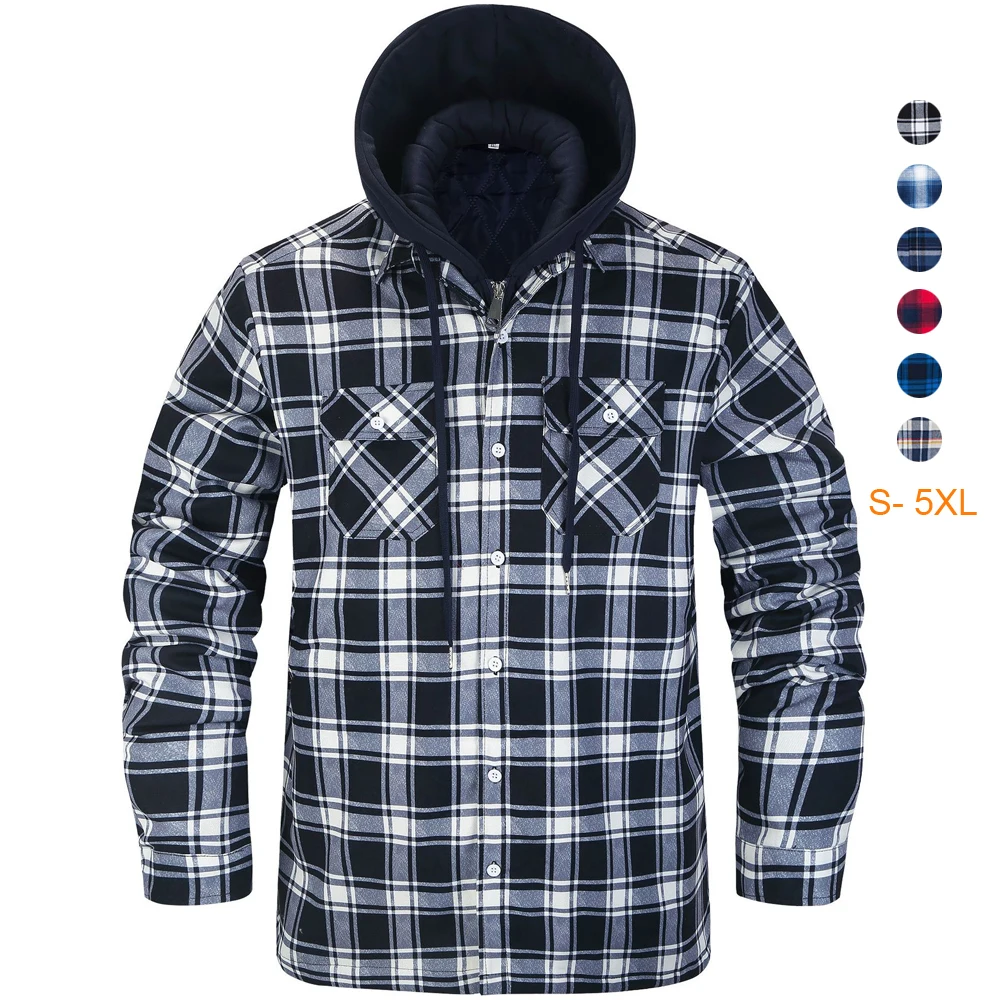 

Plaid Hooded Jacket Men Quilted Lined Winter Coats Thick Hoodie Outerwear Fleece Shirts Flannel Shirt Autumn Men Clothing 2022