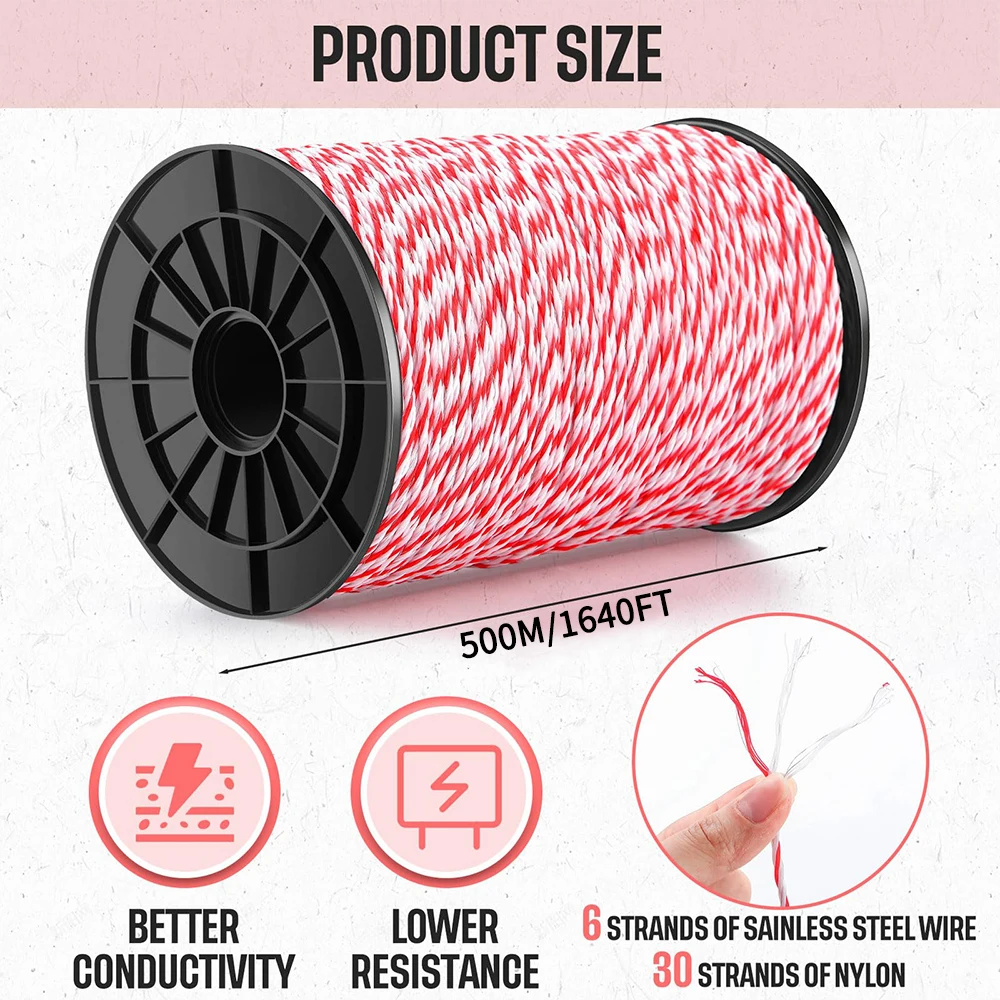 200/500M Animal Fencing Ultra Low Resistance Wire and Accessory Roll Electric Fence Rope Polywire with Steel Poly Rope Horse