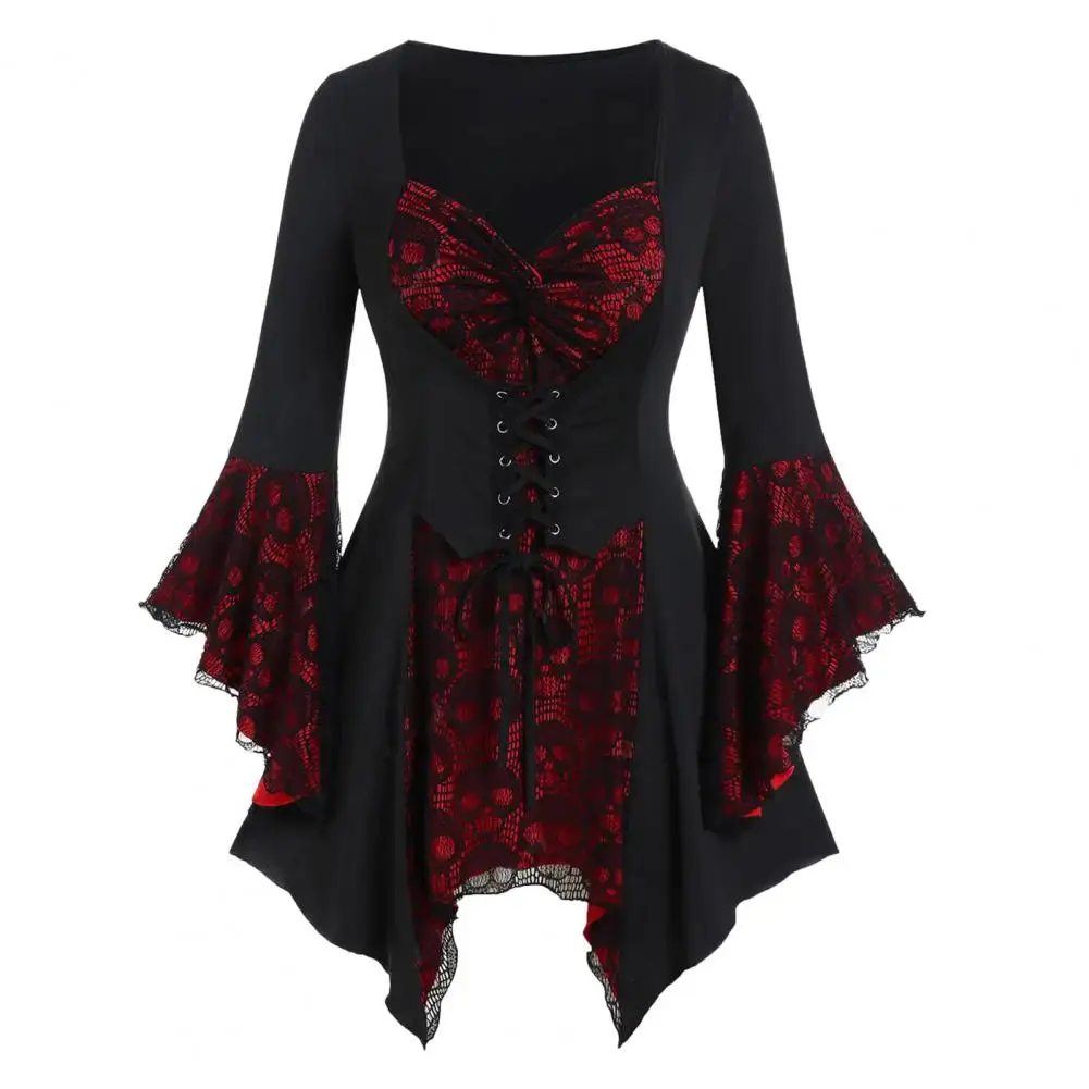 

Casual Loose Cut Dress Medieval Vintage Bat Sleeves Halloween Cosplay Dress with Irregular Cuff Lace Tie-up Strap Women's