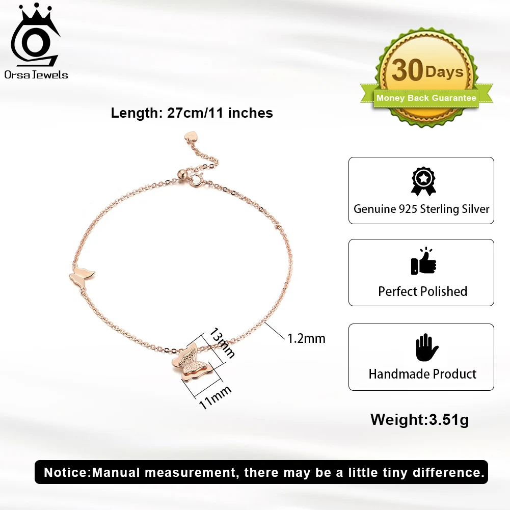 ORSA JEWELS Fashion 925 Sterling Silver Butterfly Chain Anklets Adjustable Rose Gold Foot Ankle Straps Jewelry for Women SA63