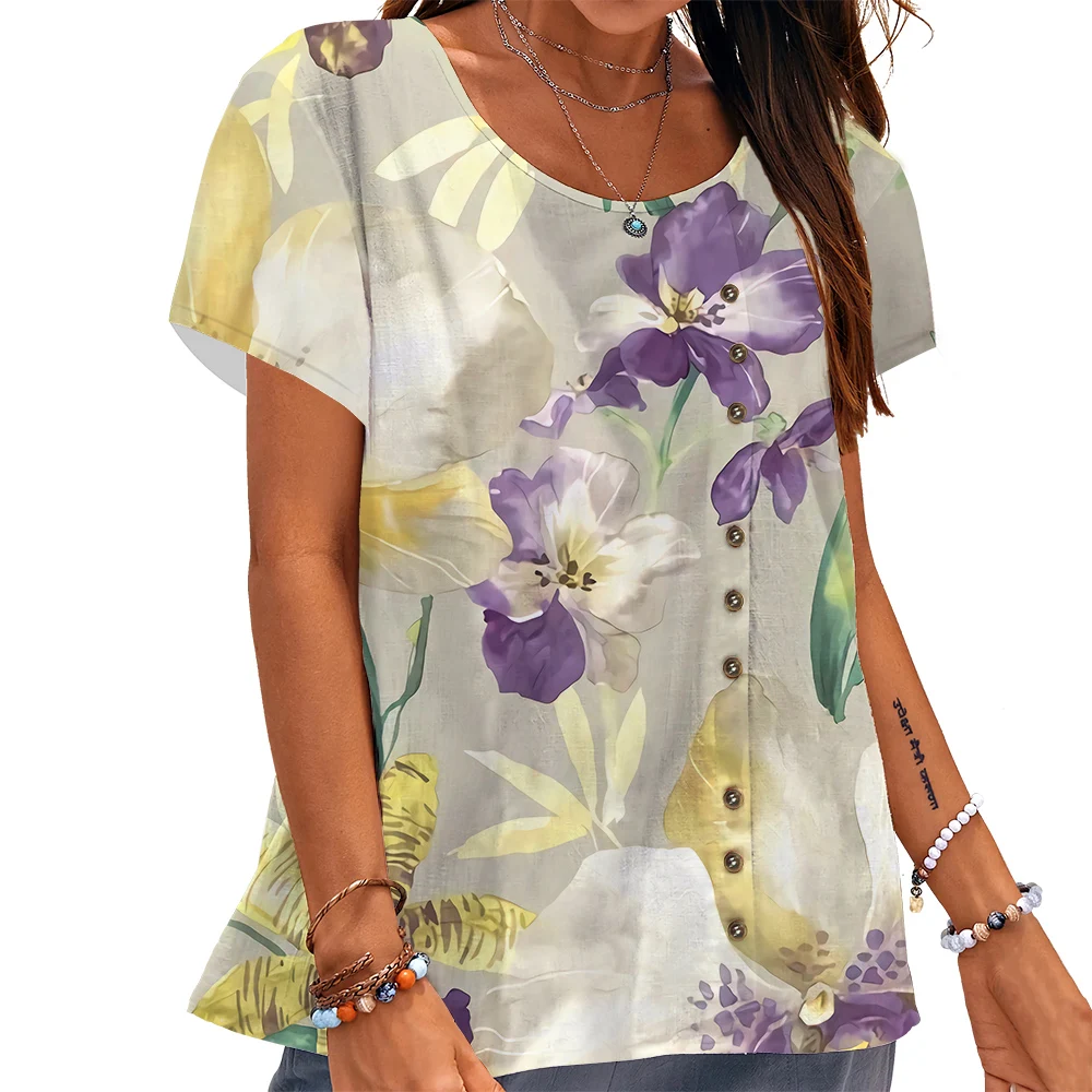 

CLOOCL Women T-shirt Beautiful Iris Pattern 3D Printed Tees Button Decorate Loose Short Sleeve Summer Female Casual Tops