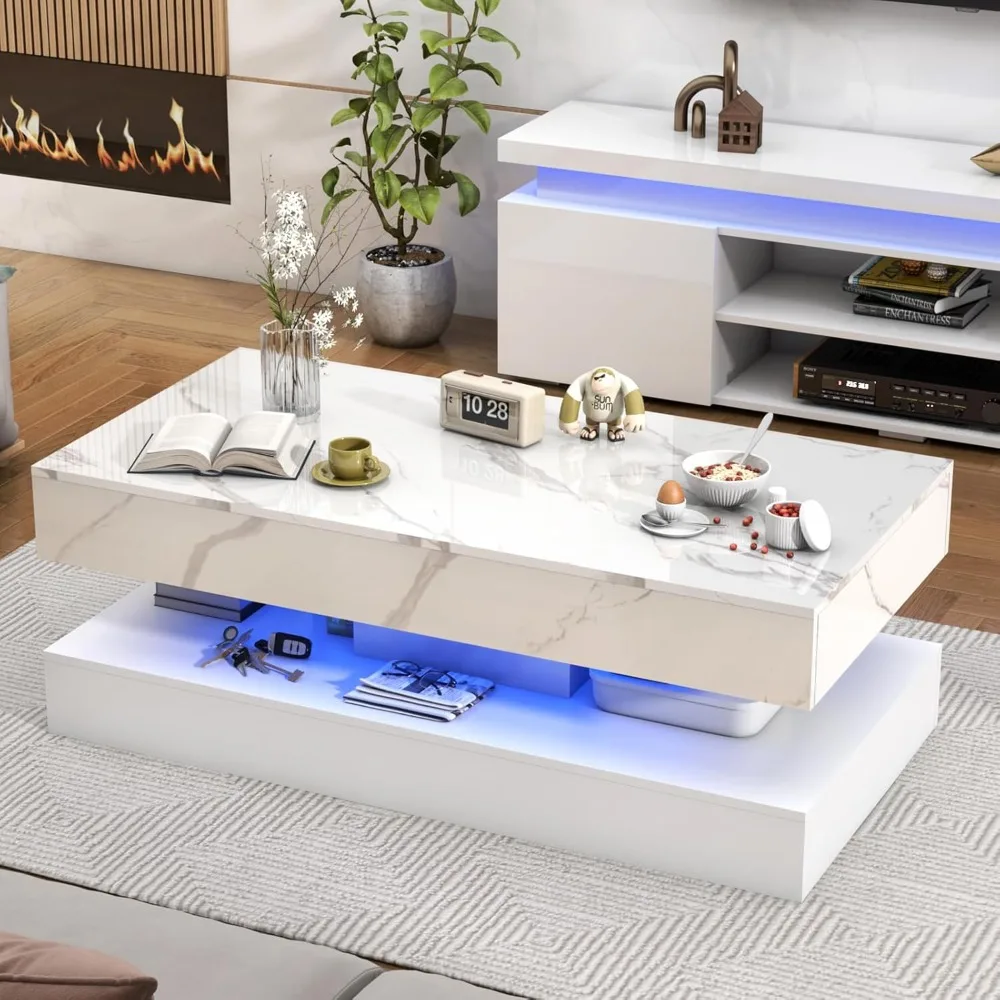 47.2 Large High-Glossy LED Coffee Table with 2 Sliding Drawers, Living Room Storage Coffee Tables with Marbling Print