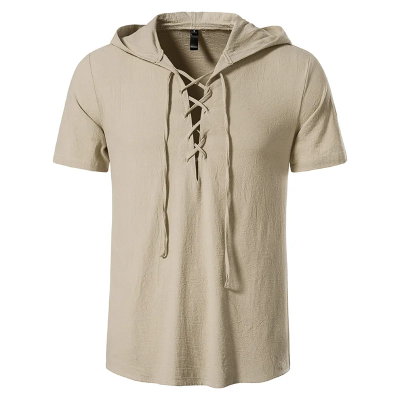 

New Men Cotton Shirt Hooded T-shirt Fashion Vintage Thin Short Sleeve Top Casual Breathable Viking Front Lace Up Man Shirts
