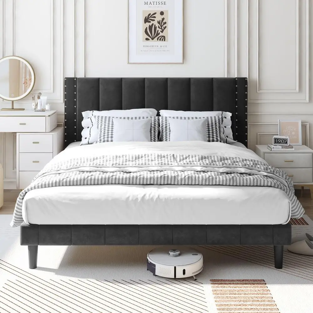 Upholstered Platform Bed Frame Full Size Heavy Duty Metal Wood Slats with Rivet Decor Vertical Channel Headboard No Box Spring 2