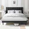Upholstered Platform Bed Frame Full Size Heavy Duty Metal Wood Slats with Rivet Decor Vertical Channel Headboard No Box Spring 2