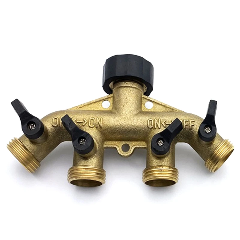 

4 Way Brass Hose Splitter, 3/4Inch Brass Hose Faucet Manifold, Garden Hose Connector Tap Splitter, Solid Brass-Yellow