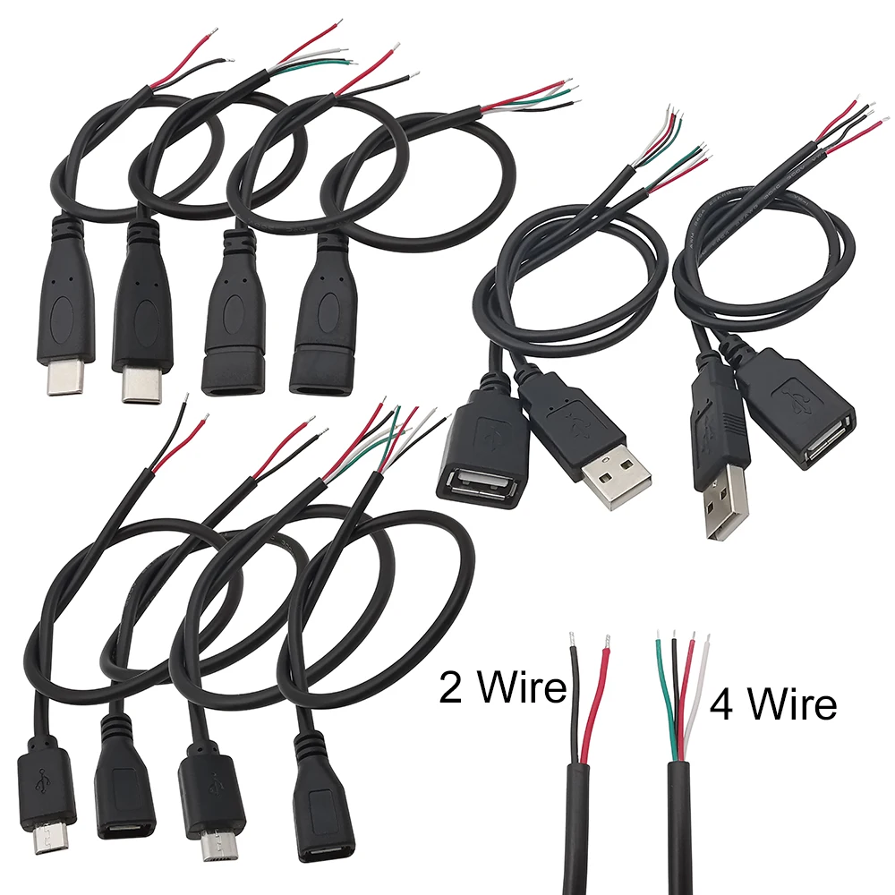 

1Pcs 2Pin 4Pin Micro USB / Type C Charger Connector USB 2.0 Type A Male Female Power Supply Extension Cable Wire DIY Data Line