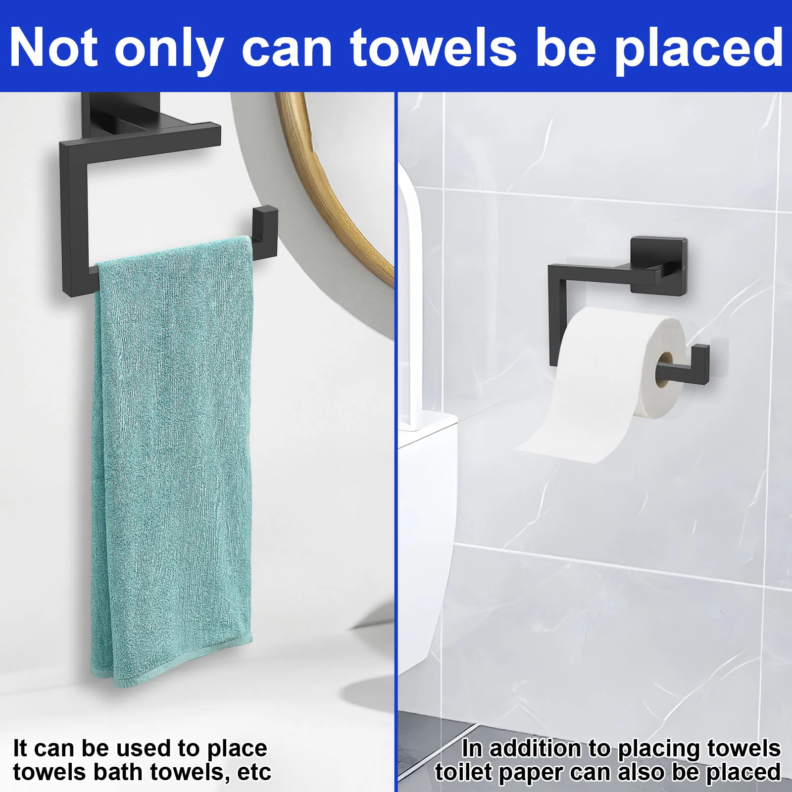 Stainless Steel Towel Holder Matte Black Square Paper Roll and Hand Towel Ring with Screw Accessories for Home Bathroom Kitchen