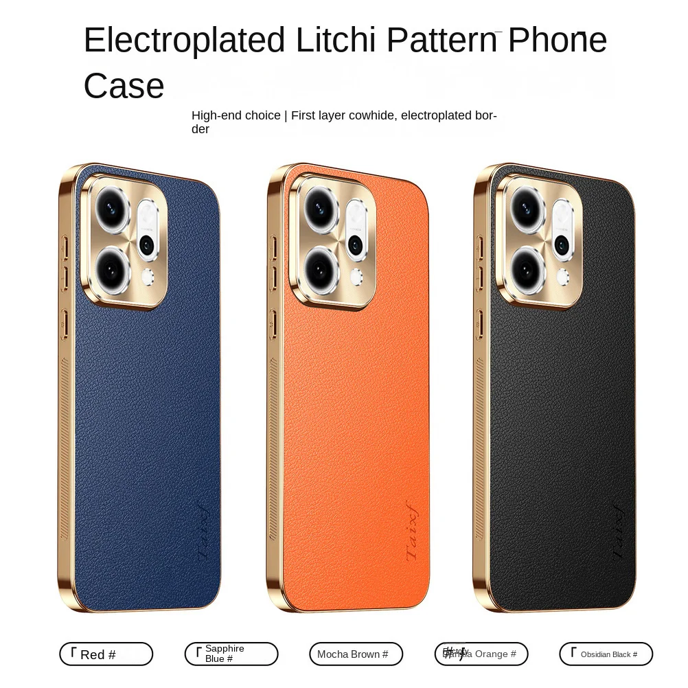 Cowhide Lychee Texture Electroplated Frame Case with Lens Protection