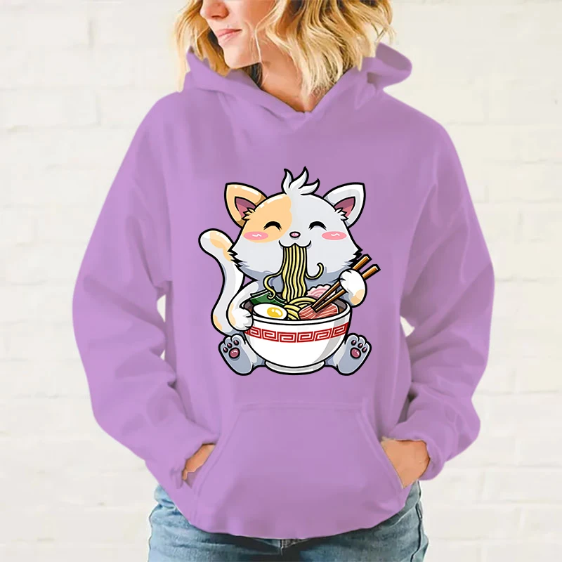 Sudadera con capucha para hombre y mujer, suéter holgado de manga larga con estampado de Ramen de gato, Tops informales con personalidad