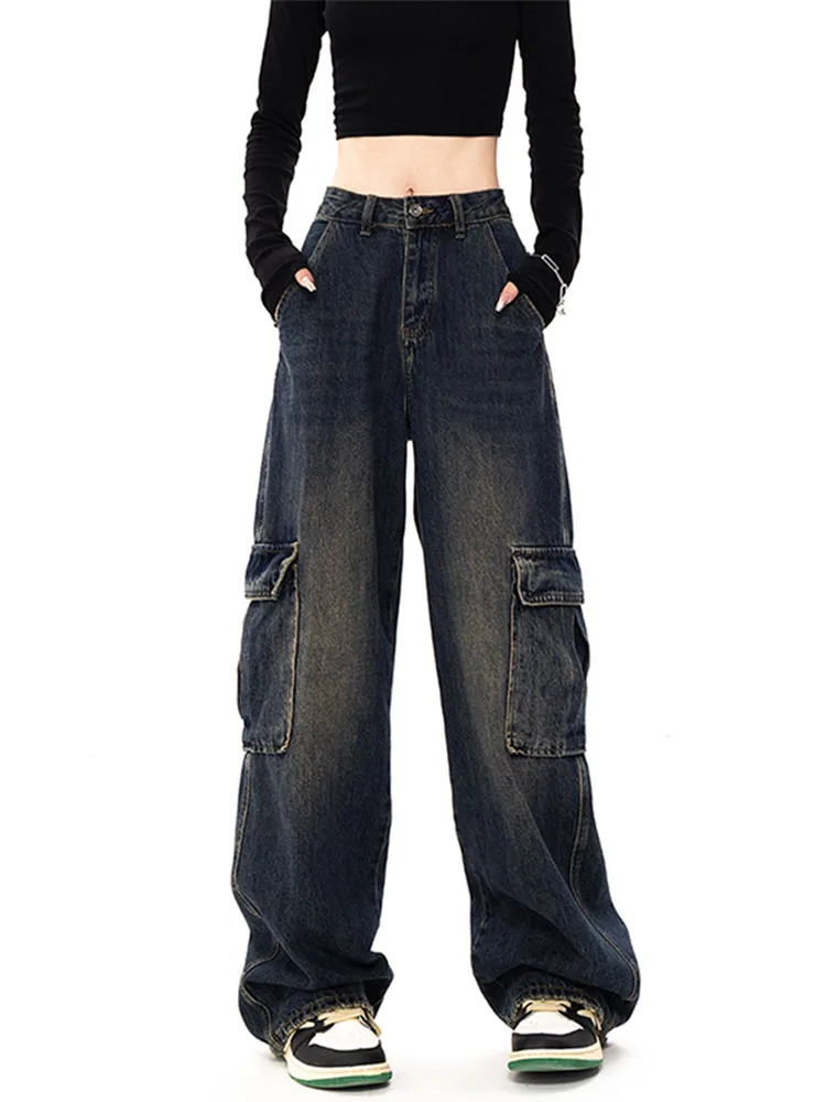 

Button High Waist Cargo Pants Women Dark Blue Wide Leg Straight Casual Loose Denim Trousers Streetwear Casual Fashion 2022 New