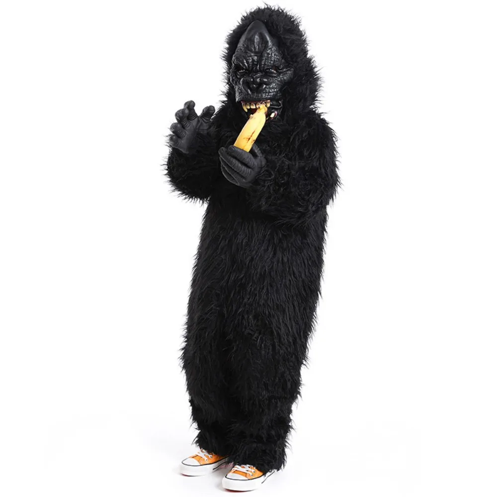 Kids Gorilla Costume Unisex Deluxe Onesie Suit Black Furry Gorilla Animal Jumpsuit for Halloween Carnival Cosplay Party Ape Cos