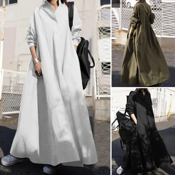 S-3XL Camicia con bottoni vintage Abito da donna Autunno in cotone e lino Vestito estivo Manica lunga Maxi Vestido Donna Casual Bagyy Robe Femme 1