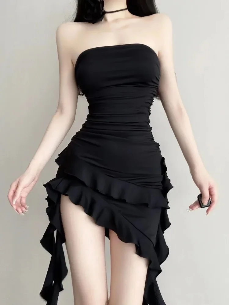 

Sexy Backless Black Dress for Women 2024 Summer New Slim Waist Ruffles Dresses Y2k E-Girl Irregular Strapless Vestidos Mujer