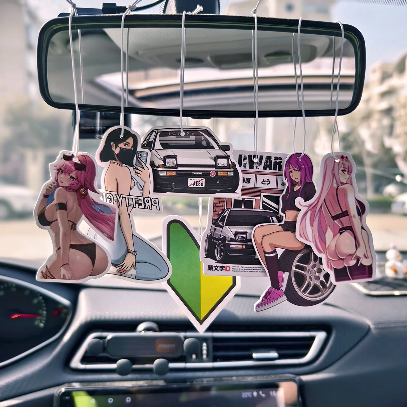 Car Perfume Ornament JDM Style Performance Car Rearview Mirror Pendant Air Freshener Solid Paper Decoration Anime Decor