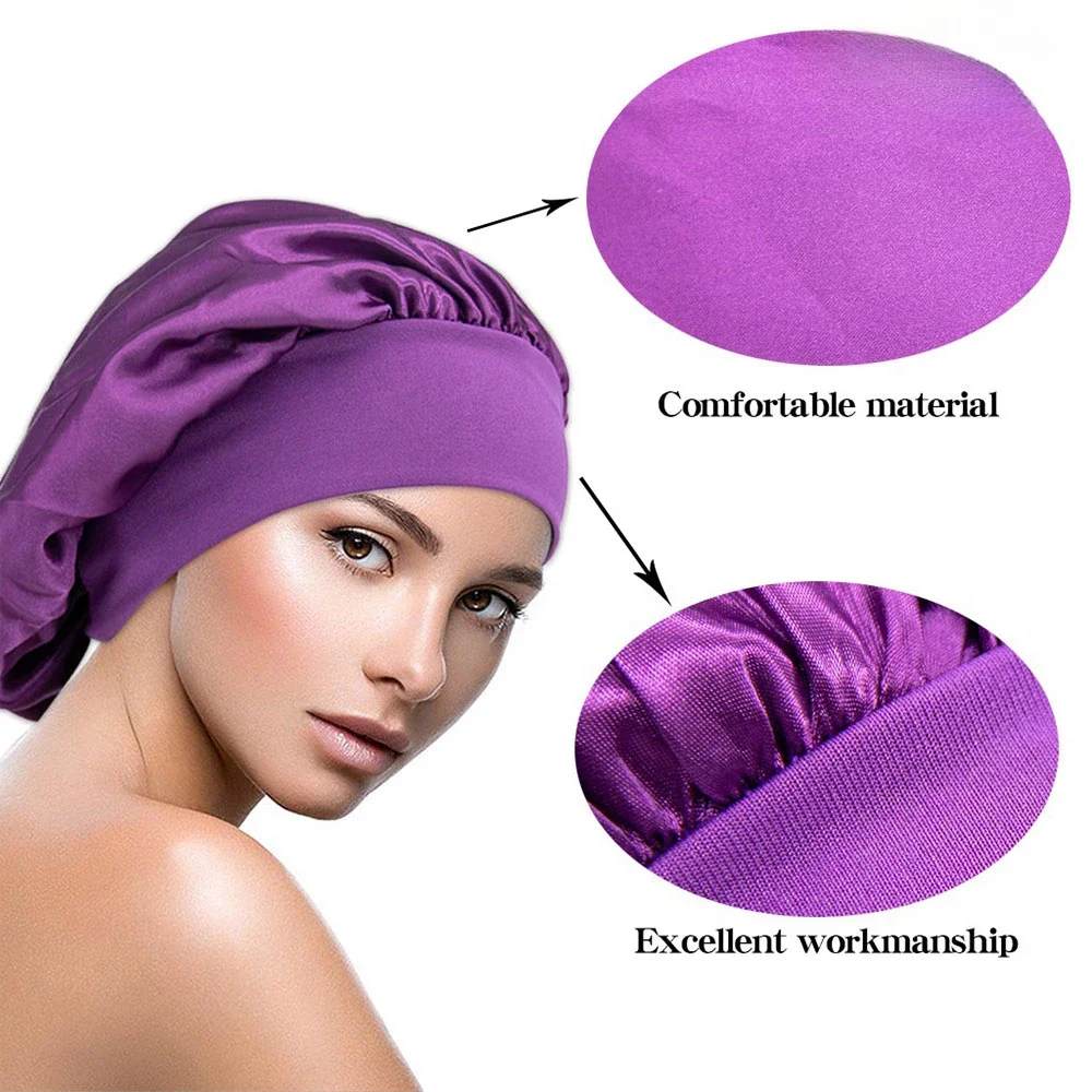 Hair Bonnet Satin Bonnet Satin Nightcap Sleeping Cap Solid Satin Bonnet Wide-brimmed Sleeping Hat Unisex Elastic Band Cap Hair Care Bonnet Shower Cap Hair Styling Tools