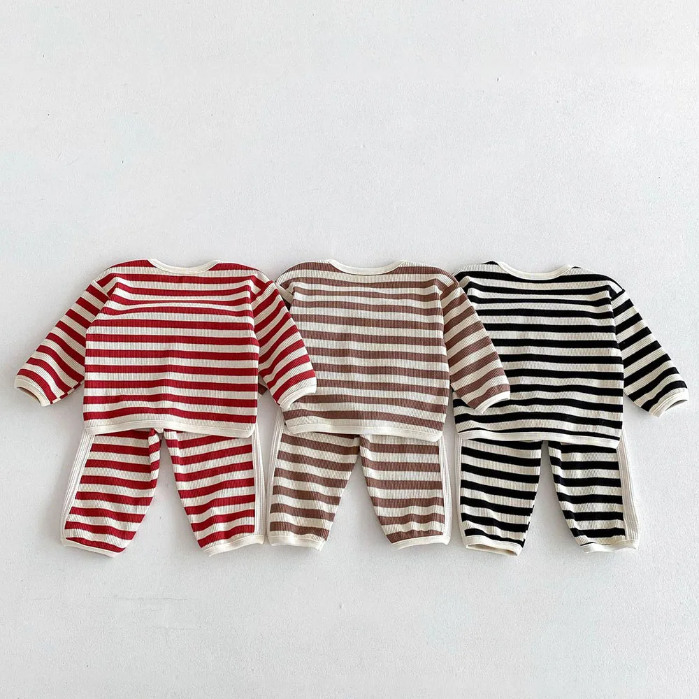 Autumn Kids Waffle Striped Hoodies Casual Outfit