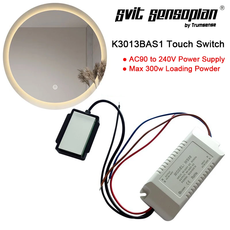 

Trumsense AC220V K3013BA Washroom LED Mirror Touch Switch Control On Off and Anti-fog Film Load 300w for Hotel or Home 10 pcs
