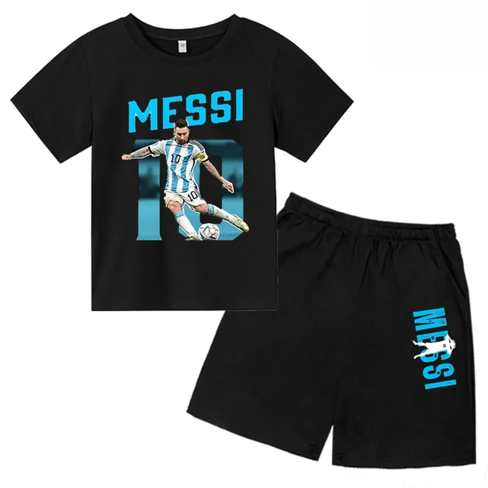 thumbnail image 1 of Camiseta con estampado de Messi de verano para niños y adolescentes, ropa de verano para niños y niñas, camiseta y pantalones cortos, conjunto de 2 piezas, traje deportivo de manga corta, 1 of 5