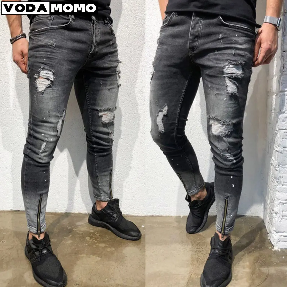 

New Men Skinny Jeans Hip Hop Fashion Destroyed Hole Designer Solid Color Male Denim Men Trousers Streetwear skinny jeans men