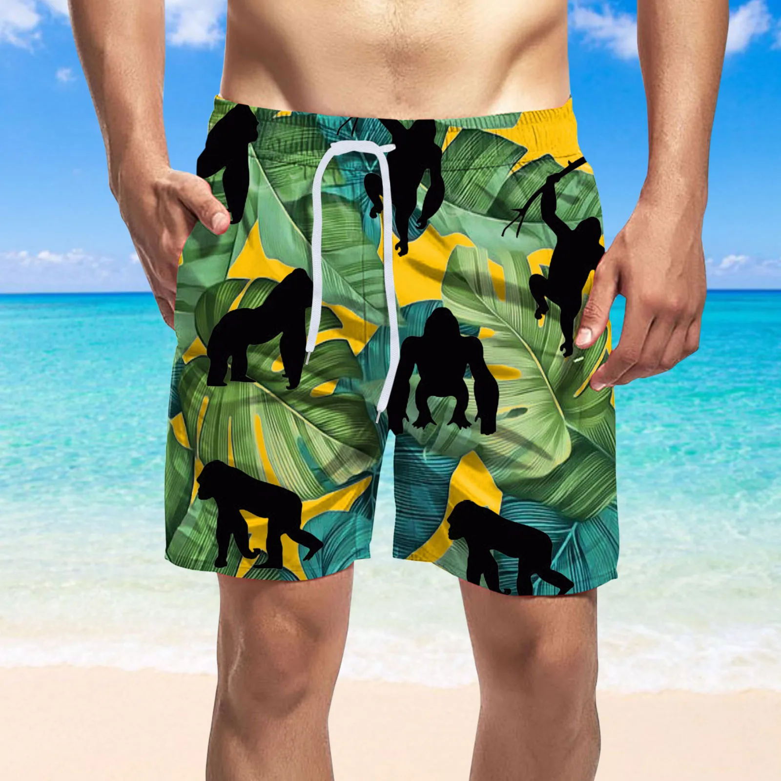 

Men'S Swimming Trunks Boho Vintage Leaves Print Board Shorts Drawstring Double Pocket Shorts Beach Vacation Casual Bathing Suit