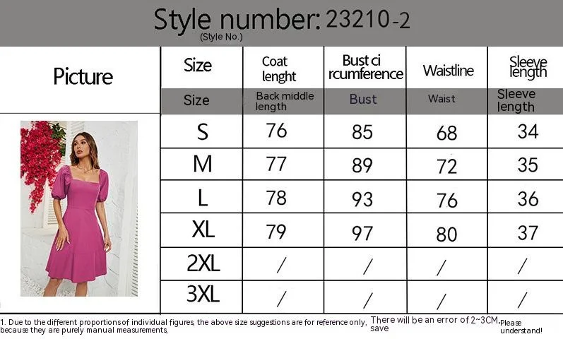 2023 Summer New Solid Square Neck Bubble Sleeve Dress for Women_voghion.com