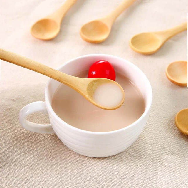 Petite cuillère en bois à Long manche, 5 pièces/ensemble, cuillère à thé à  café à Dessert, couverts pour enfants, outils de cuisine 12.8cm - AliExpress