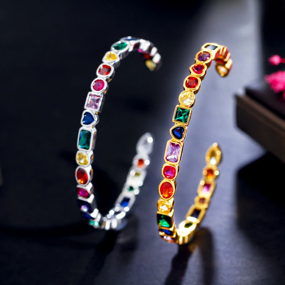 CWWZircons Genuine Multicolor Rainbow Cubic Zirconia Paved White Gold Plated Round Open Cuff Bangle Fashion Boho Jewelry BG047 5