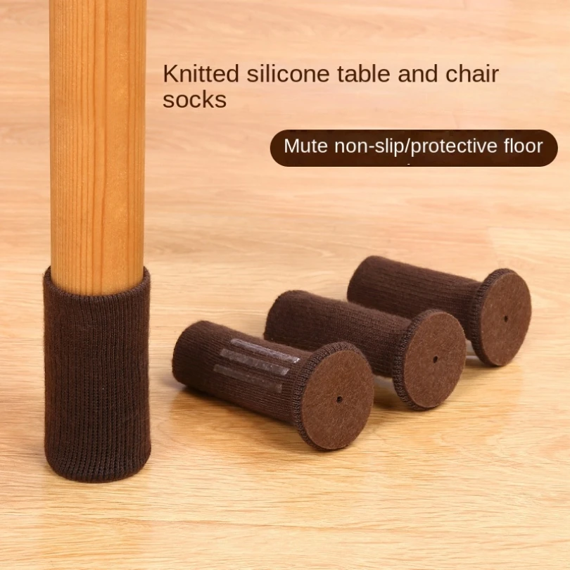 4pcs Knitted Silicone Table Chair Leg Socks Floor Protectors Non Slip Pads Furniture Feet Booties Cover Caps Brown Home Decor
