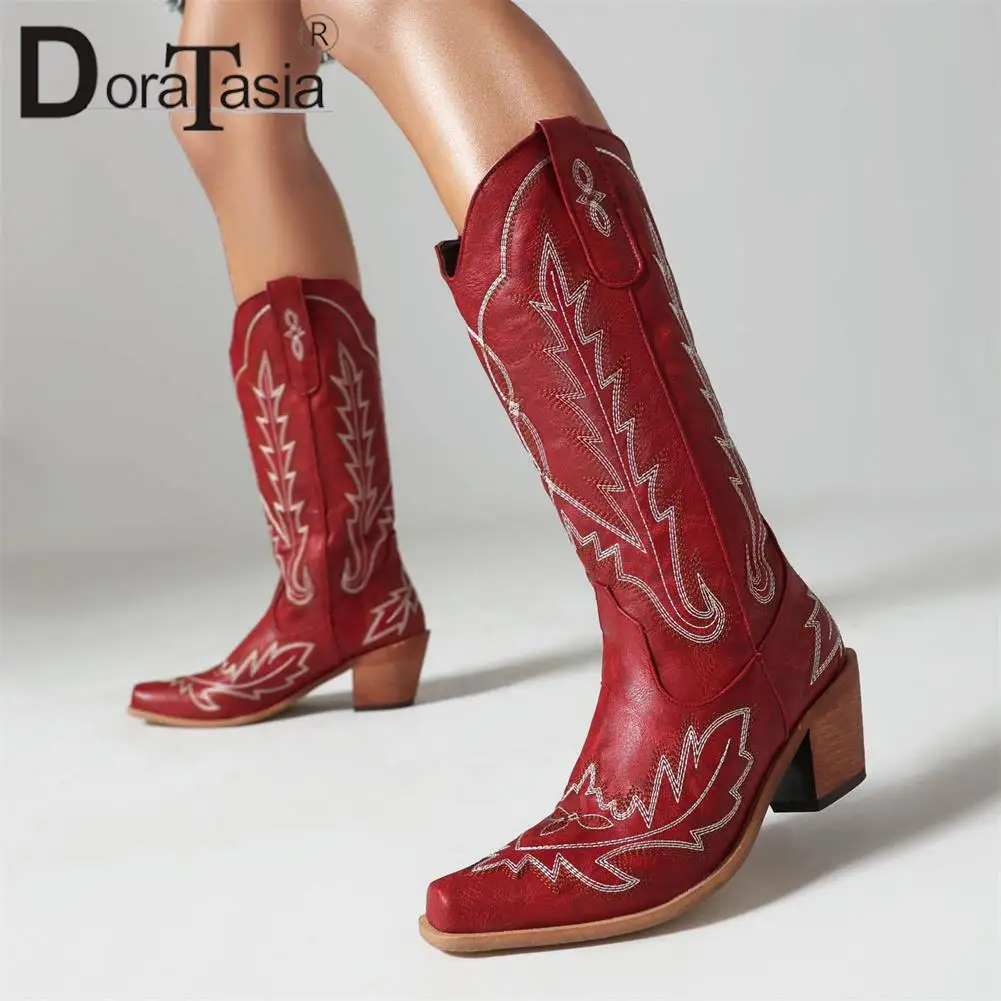 Brand Design Female Embroider Mid-Calf Cowgirl Boots Fashion Vintage Block Chunky Heels women's Western Boots Casual Woman Shoes