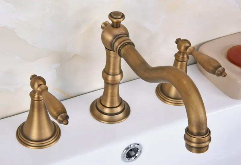

Vintage Antique Brass 3 Hole Widespread Bathroom Basin Faucet Dual Handle Faucets Deck Mounted Vessel Sink Tub Mixer Taps Lan087