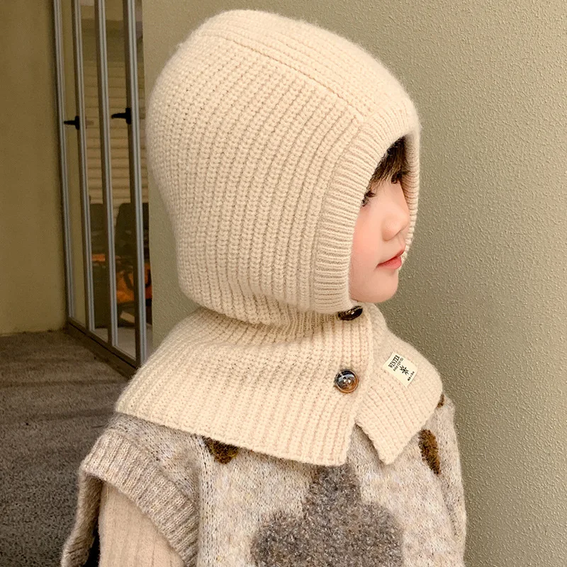 Freessom Bonnet Echarpe Cape Hiver Cagoule Ours Unisexe Bebe Enfant Garcon Fille Mignon Kawaii Chaud Tricote Laine Chapeau Bobs Protection D'oreilles (Beige