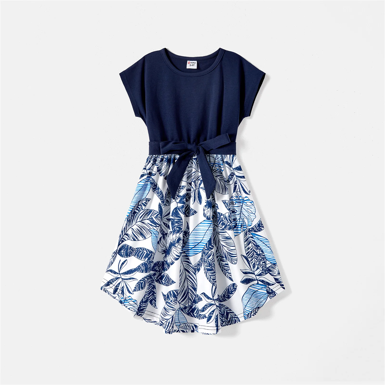 PatPat Family Matching Outfits 95% Cotton Allover Plant Print Short-sleeve Belted Spliced Dresses and T-shirts Family Look Sets matching outfit matching tshirts