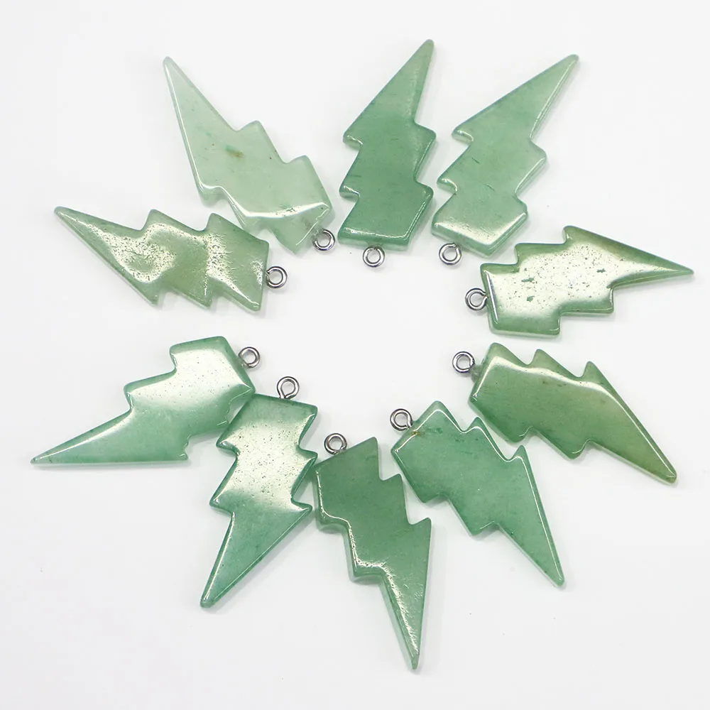 Hot 42x20MM Natural Stone Green  Aventurine Lightning Pendant Charms for Healing Crystal Necklace Jewelry Making 10pcs Wholesale