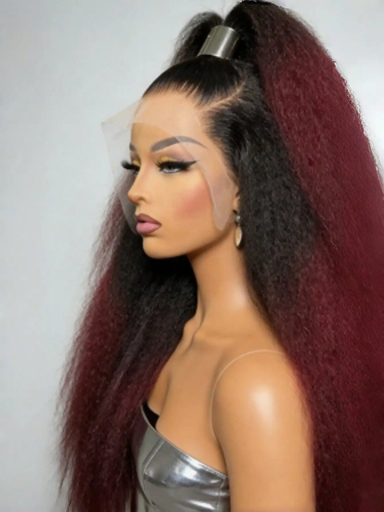 13x4 Kinky Straight 1B 99J Burgundy Colored Human Hair For Women 200% Transparent Lace Front Wig Pre Plucked yaki Straight Wig 2