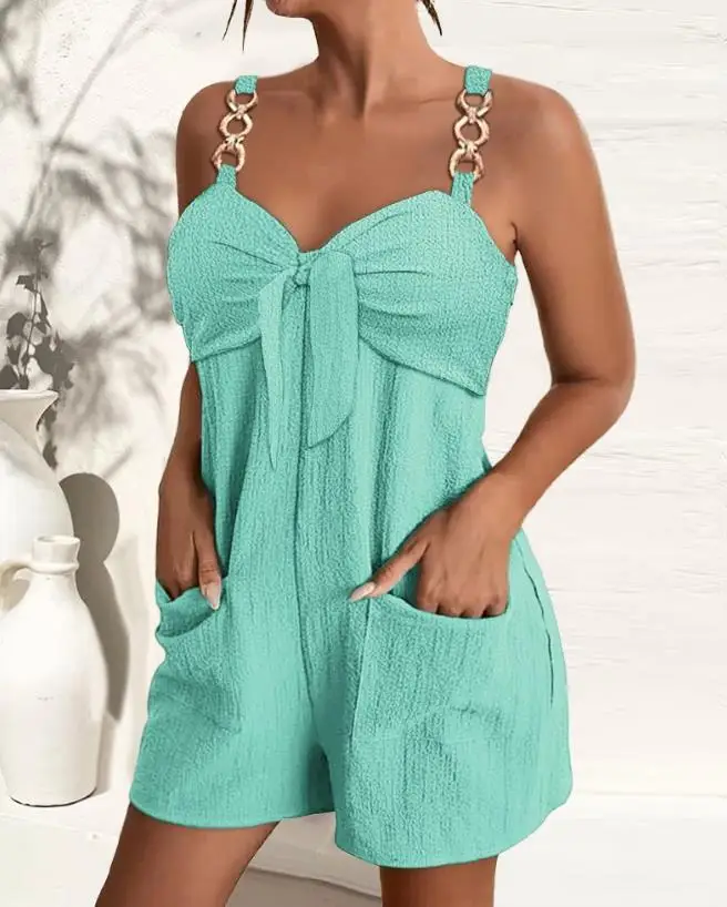 2024 Women's Summer New Versatile Lace Up Shoulder Pocket Design Chest Knot Casual Jumpsuit Shorts