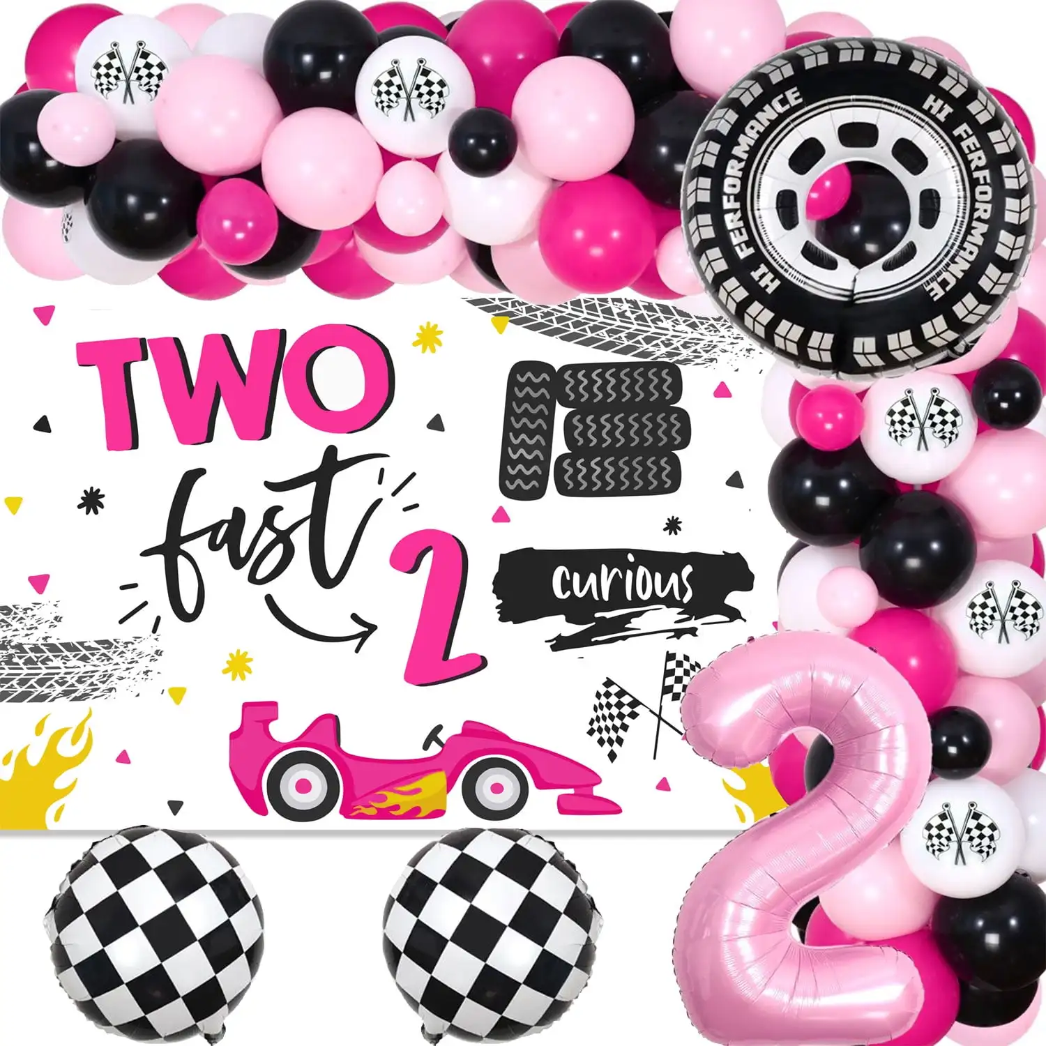 

JOLLYBOOM-Two Fast 2 Girls Декор на день рождения, Гоночный флаг, колесная шина, фольгированный цветочный шар, комплект арки, товары для вечеринок для девочки