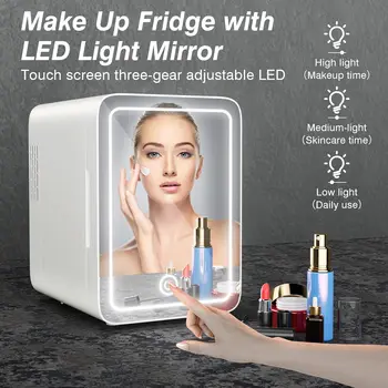 Mini Fridge with Dimmable LED Mirror 4 Liter Easy-Take Skincare Fridge Small Refrigerating Makeup for Bedroom Car Portable 1