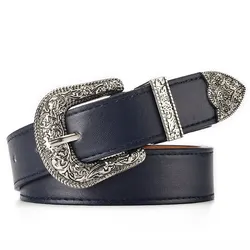 Vintage Carved Needle Buckle Unisex Punk Rock PU Leather Belt - 105cm (Silver buckle black)