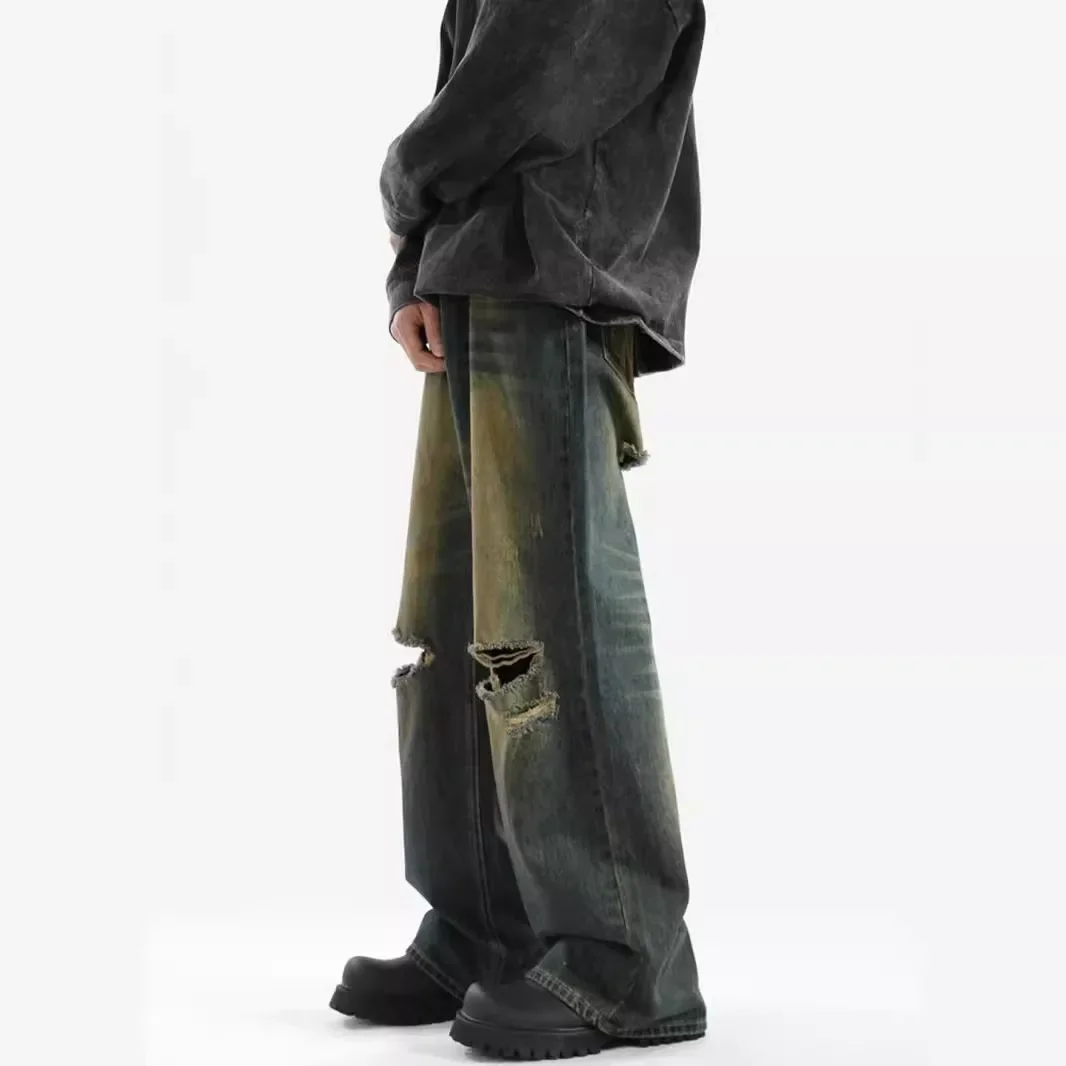 Vintage Hemp Stained Ripped Jeans Men's Summer Trendy Punk Cool Loose-fit Straight-leg Pants Design Sensibility Floor Pants